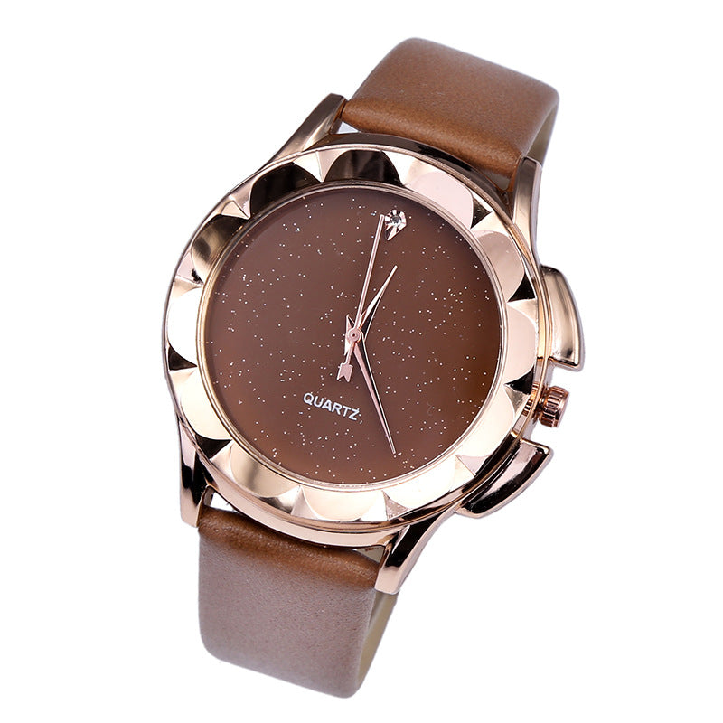 Starry Sky Quartz Watch with Diamond Accents and Leather Band