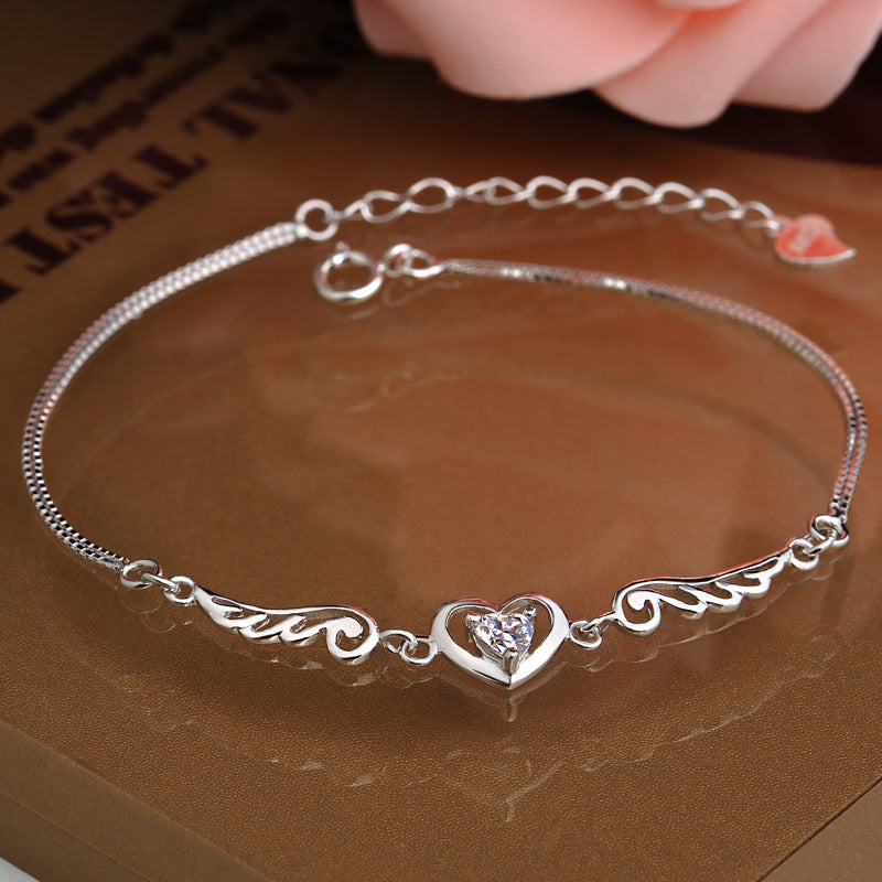 925 Silver Heart Bracelet with Angel Wing Design