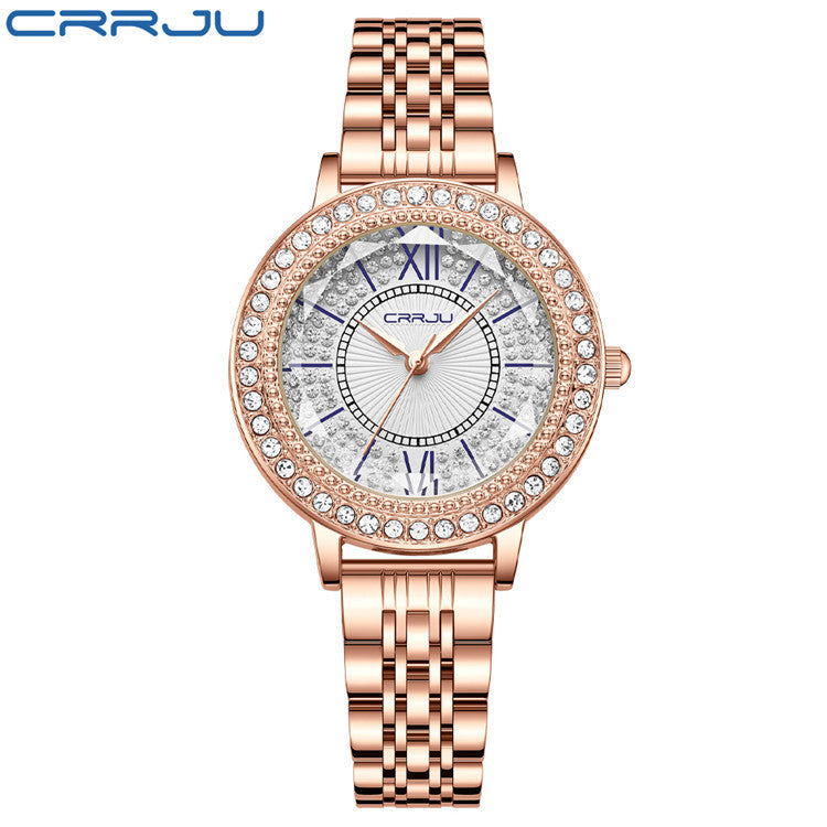 CRRJU Women's Diamond-Studded Steel Band Watch