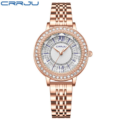CRRJU Women's Diamond-Studded Steel Band Watch