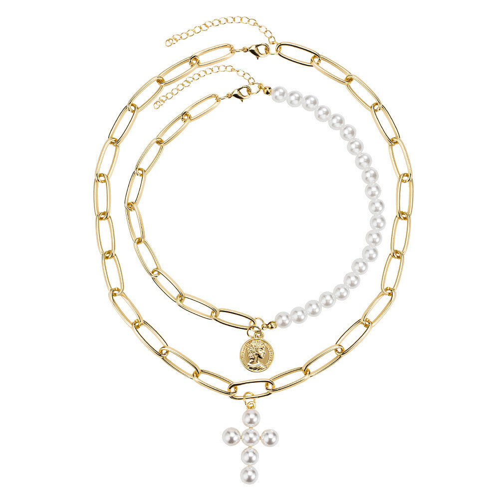 Vintage Pearl Cross Choker Necklace with Queen Pendant