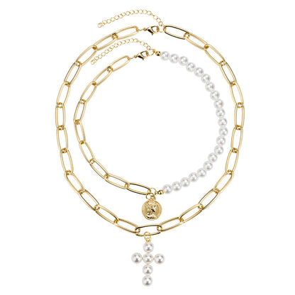 Vintage Pearl Cross Choker Necklace with Queen Pendant