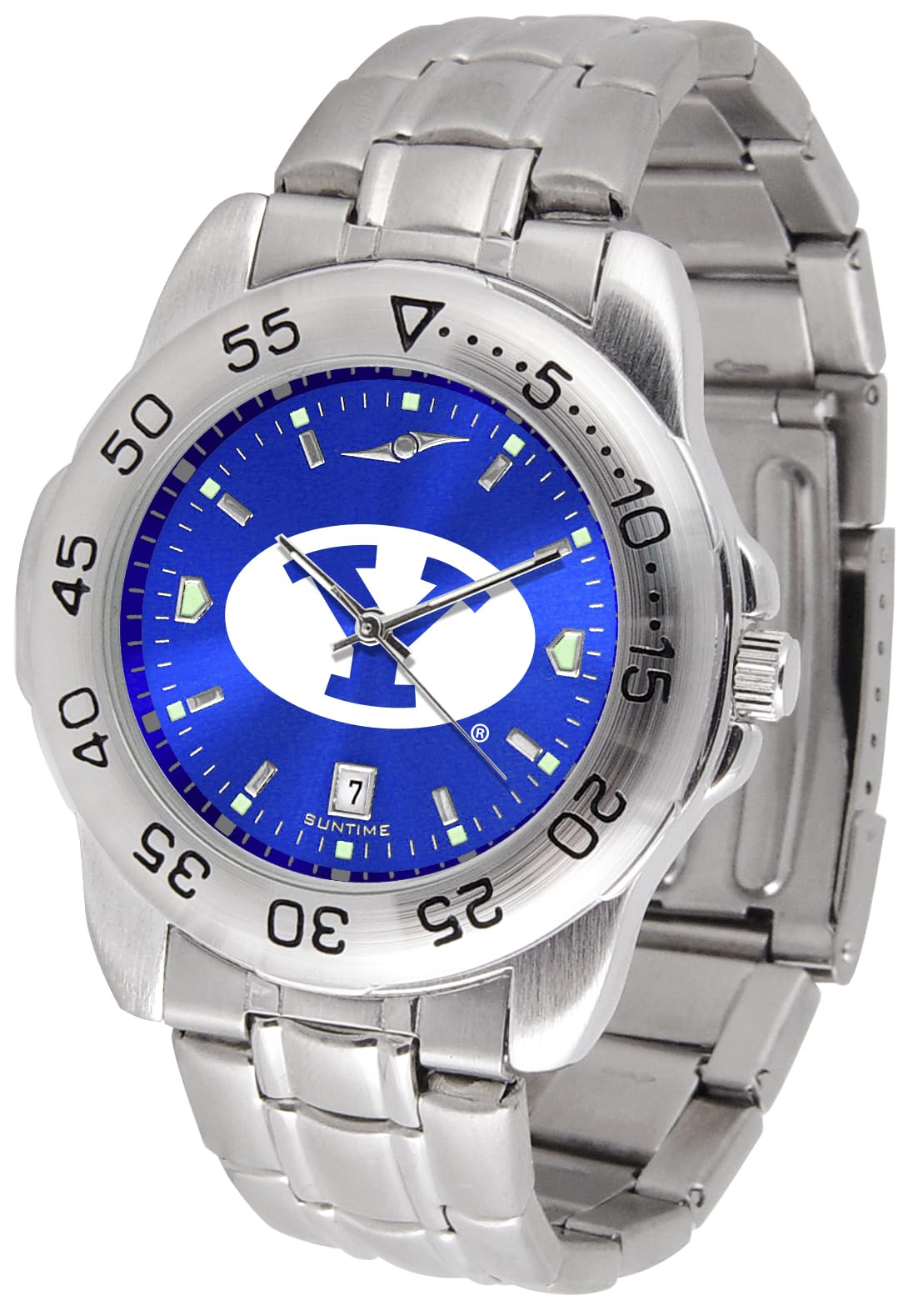 SunTime Mens BYU Cougars Sport Watch 20mm Stainless Steel Strap Reflective Shiny Dial with Date