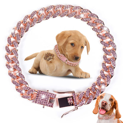 Dog Chain Collar Diamond Link Dog Collar Walking Dog Necklace Metal Cat Chain with Secure Buckle Pet Crystal Collar for Small Medium Large Dogs Cats (Pink 20 Inch)