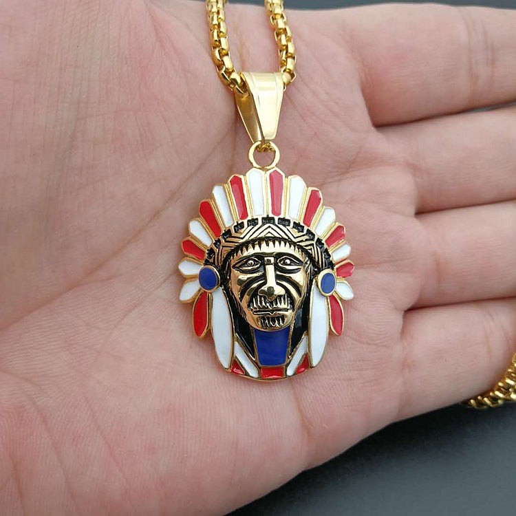 Gold-Plated Titanium Steel Indian Chief Pendant, Hip Hop