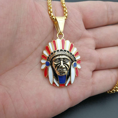 Gold-Plated Titanium Steel Indian Chief Pendant, Hip Hop