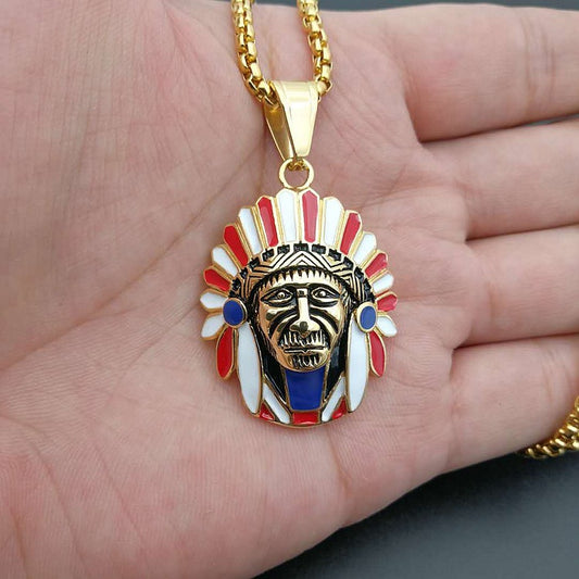 Gold-Plated Titanium Steel Indian Chief Pendant, Hip Hop
