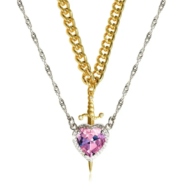 New Heart And Sword Necklace Set