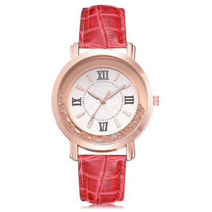 Women's Quartz Watch with Rhinestones and Leather Band