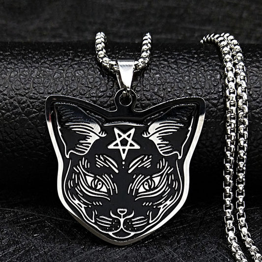 Cross-Border Fashion Pentagram Cat Stainless Steel Necklace