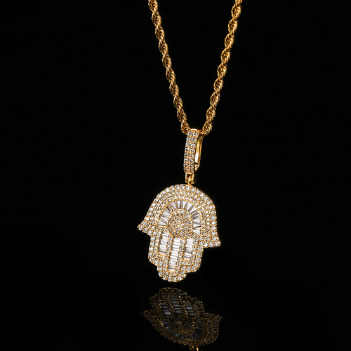 Hip Hop Copper Inlaid Zircon Small Size Palm Pendant Real Gold Plated Necklace