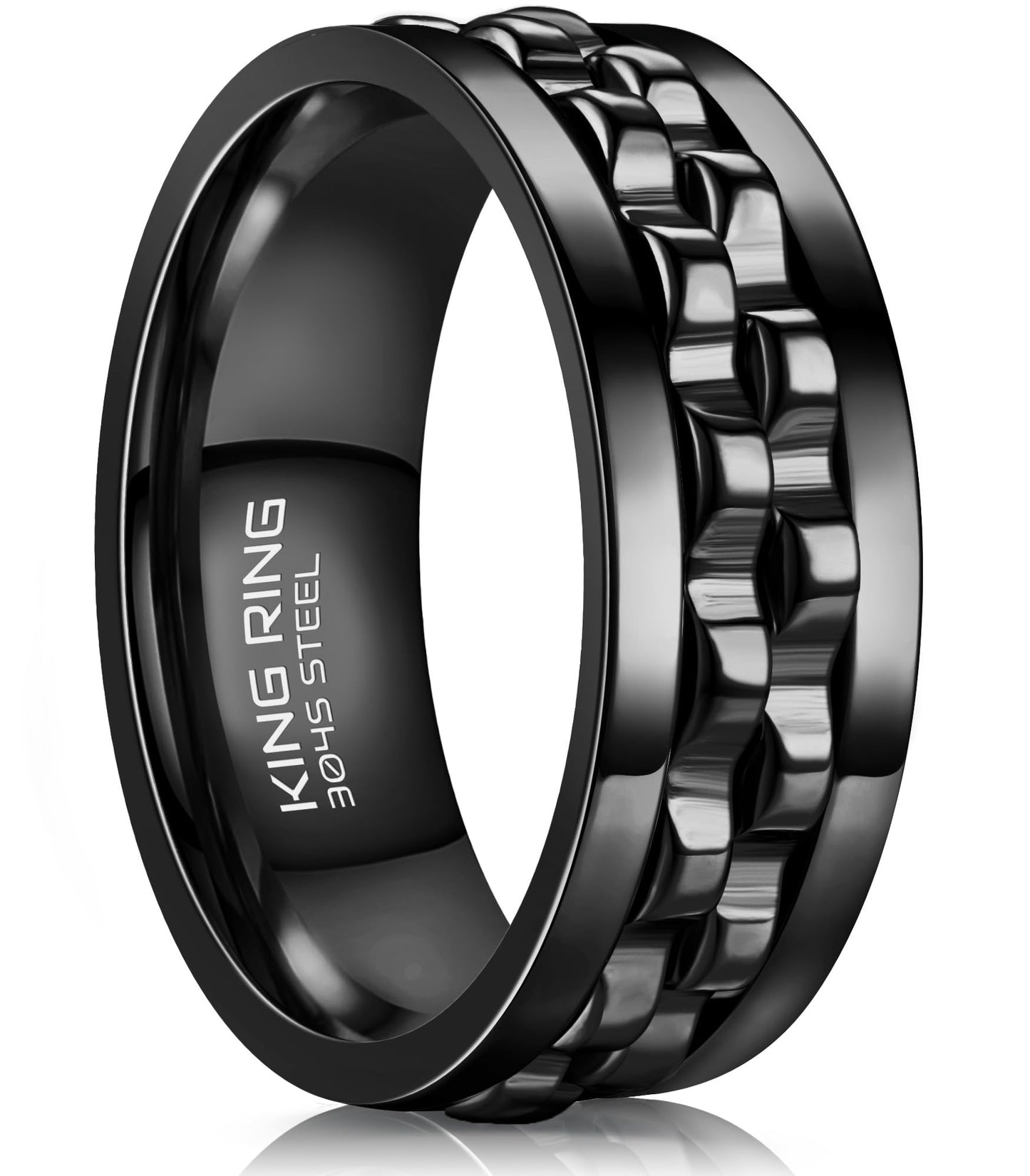 King Ring 8mm Gear Spinner Ring – Ultra Polished Fidget Ring for Men & Women Stainless Steel Ring K12 – Black 10