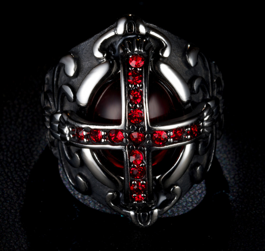 Gothic Cross Ring with Red Design