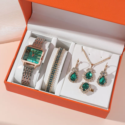 Women's Watch and Bracelet Set with Green Gemstone