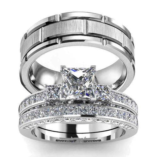 His Hers Wedding Ring Sets Couples Matching Rings Womens 10k White Gold Filled Square CZ Wedding Engagement Ring Bridal Sets & Mens Tungsten Carbide Wedding Band