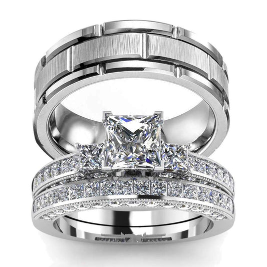 His Hers Wedding Ring Sets Couples Matching Rings Womens 10k White Gold Filled Square CZ Wedding Engagement Ring Bridal Sets & Mens Tungsten Carbide Wedding Band