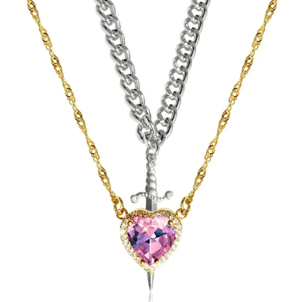 New Heart And Sword Necklace Set
