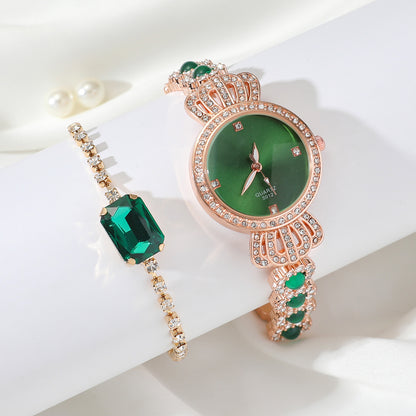 Women's Watch and Bracelet Set with Green Gemstone