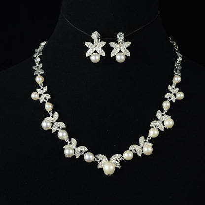 Korean Bride Pearl Four-Leaf Clover Necklace Set