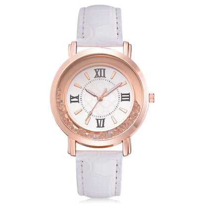Women's Quartz Watch with Rhinestones and Leather Band