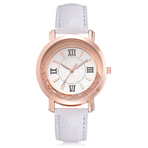 Women's Quartz Watch with Rhinestones and Leather Band
