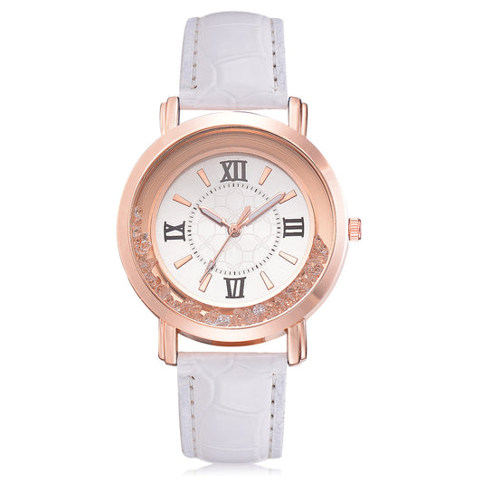 Women's Quartz Watch with Rhinestones and Leather Band