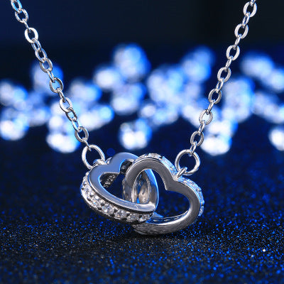 925 Silver Fashion Sweet Double Heart Necklace