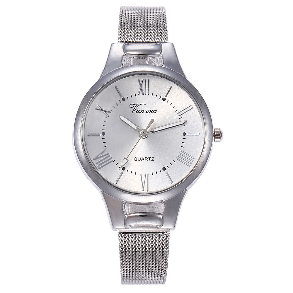 Minimalist Roman Numeral Quartz Watch with Alloy Mesh Strap