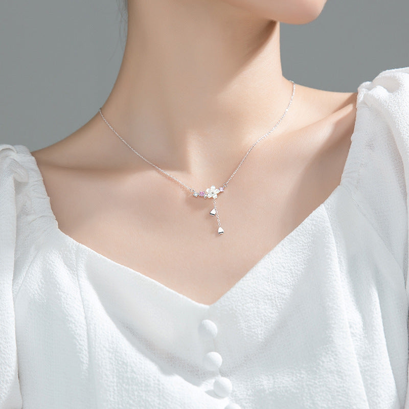 Ailuoqi S925 Silver Shell Flower Necklace with Diamonds