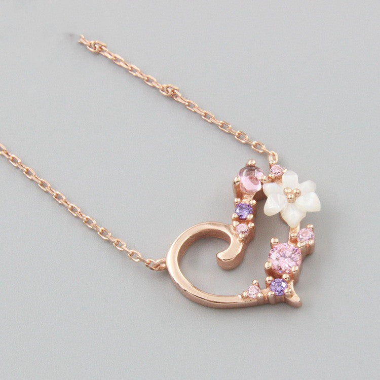 Japanese Style S925 Silver Shell Zircon Heart Necklace