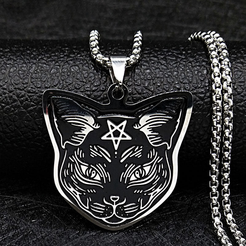 Cross-Border Fashion Pentagram Cat Stainless Steel Necklace