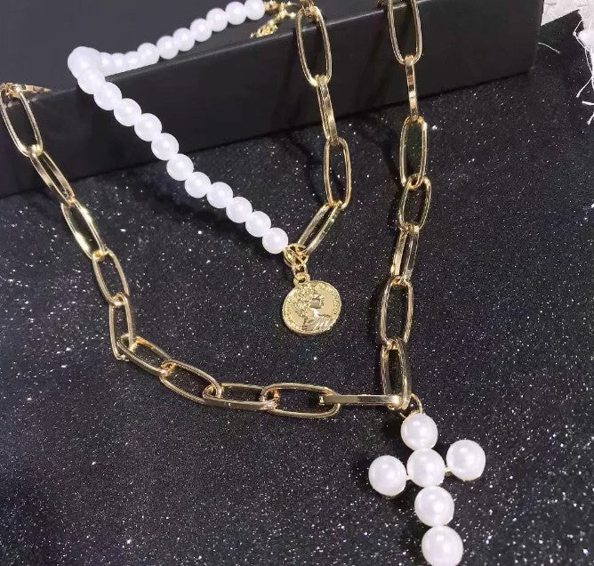 Vintage Pearl Cross Necklace with Queen Coin Pendant