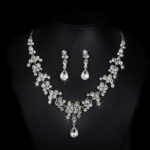 Korean Bridal Set with Rhinestone Necklace and Earrings