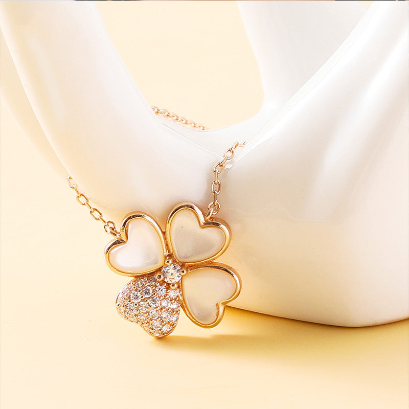 S925 Silver Clover Necklace with Zircon and Shell Pendant