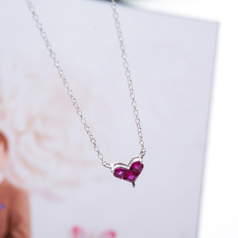 S925 Silver Heart Necklace with Red Ruby Pendant