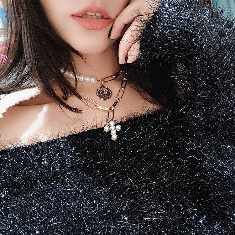 Vintage Pearl Cross Choker Necklace with Queen Pendant