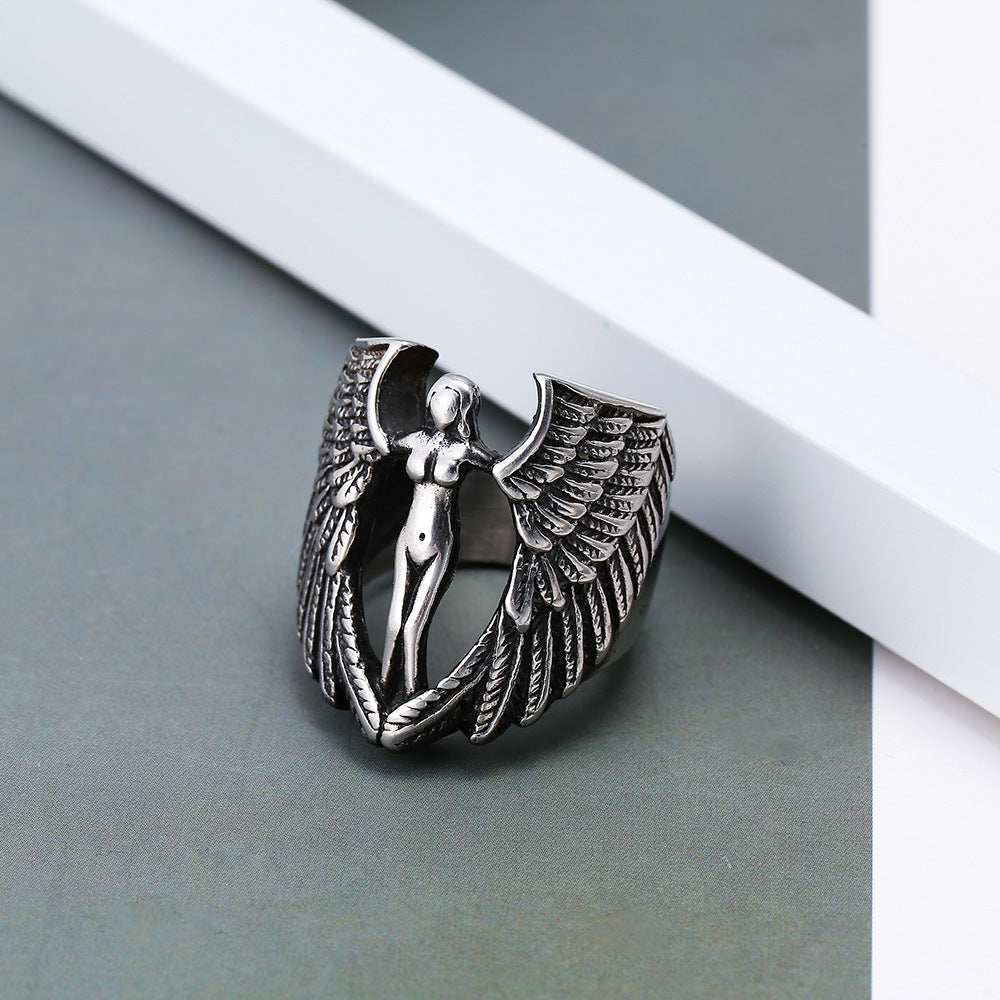 Men's Titanium Steel Ring with Gothic Cross and Wings