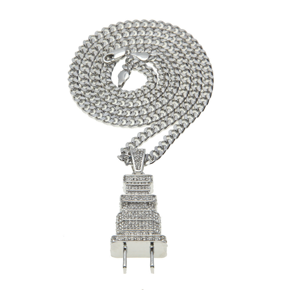 Full Rhinestone Plug Necklace with Hip Hop Pendant