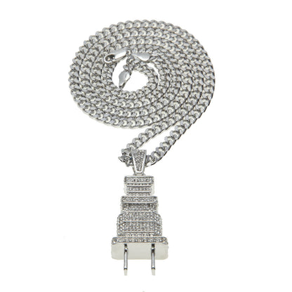 Full Rhinestone Plug Necklace with Hip Hop Pendant