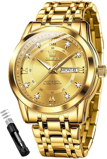 OLEVS Men Watch Blue Gold Analog Quartz Stainless Steel Waterproof Luminous Date Luxury Casual Watch