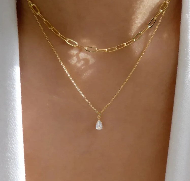 18K Gold-Plated Double Necklace with Crystal Pendant