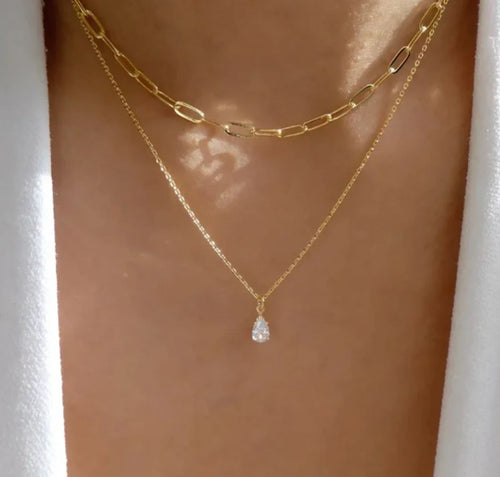 18K Gold-Plated Double Necklace with Crystal Pendant