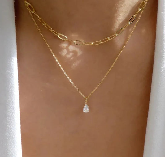 18K Gold-Plated Double Necklace with Crystal Pendant