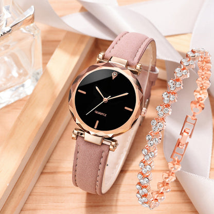 Fashionable Women's Casual Quartz Watch Set with Leather Band