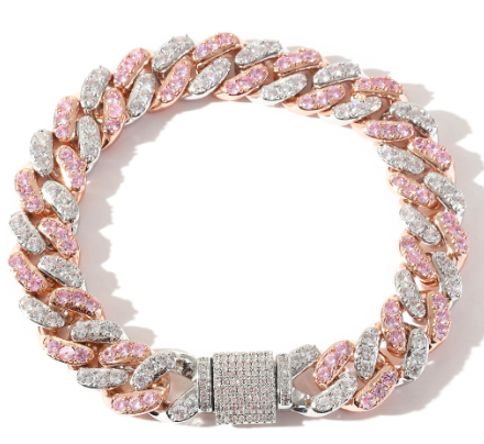 Cuban Bracelet with Pink Zirconia and Punk Design