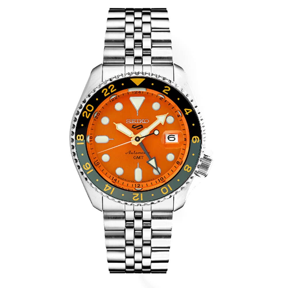 Seiko SSK005 Automatic Watch for Men - 5 -Sports - Orange Dial with Date Calendar and Luminous Hands & Markers and Gray GMT Bezel 100m Water-Resistant