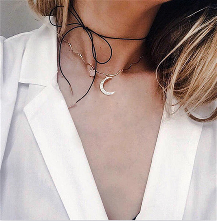 Crescent Moon Necklace with Pearl Choker Design