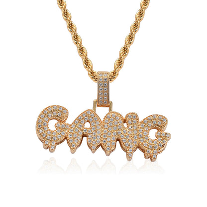 GANG Letter Hip Hop Pendant Necklace with Zirconia