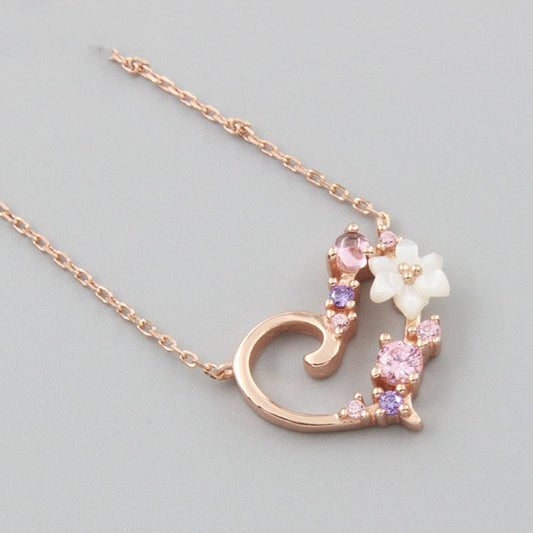 Japanese Style S925 Silver Shell Zircon Heart Necklace