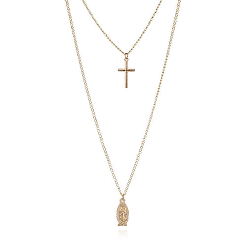 Cross Pendant Necklace with Virgin Mary Double Layer